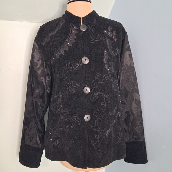 Flashback Jackets & Blazers - Flashback Womens Black Embroidered Damask Sleeve Button Front Jacket Medium